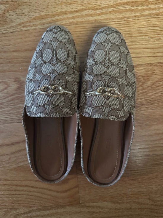 Coach Shoes - Coach Beige/Tan Signature Jacquard Slip-On Mules with Gold Hardware